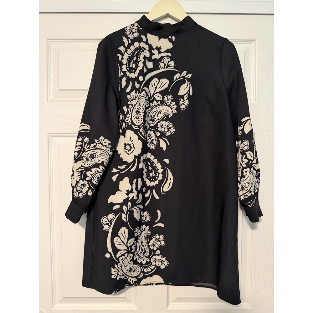 Zara Black Floral Paisley High Neck Minimalist Dress Bohemian Summer Gold Button